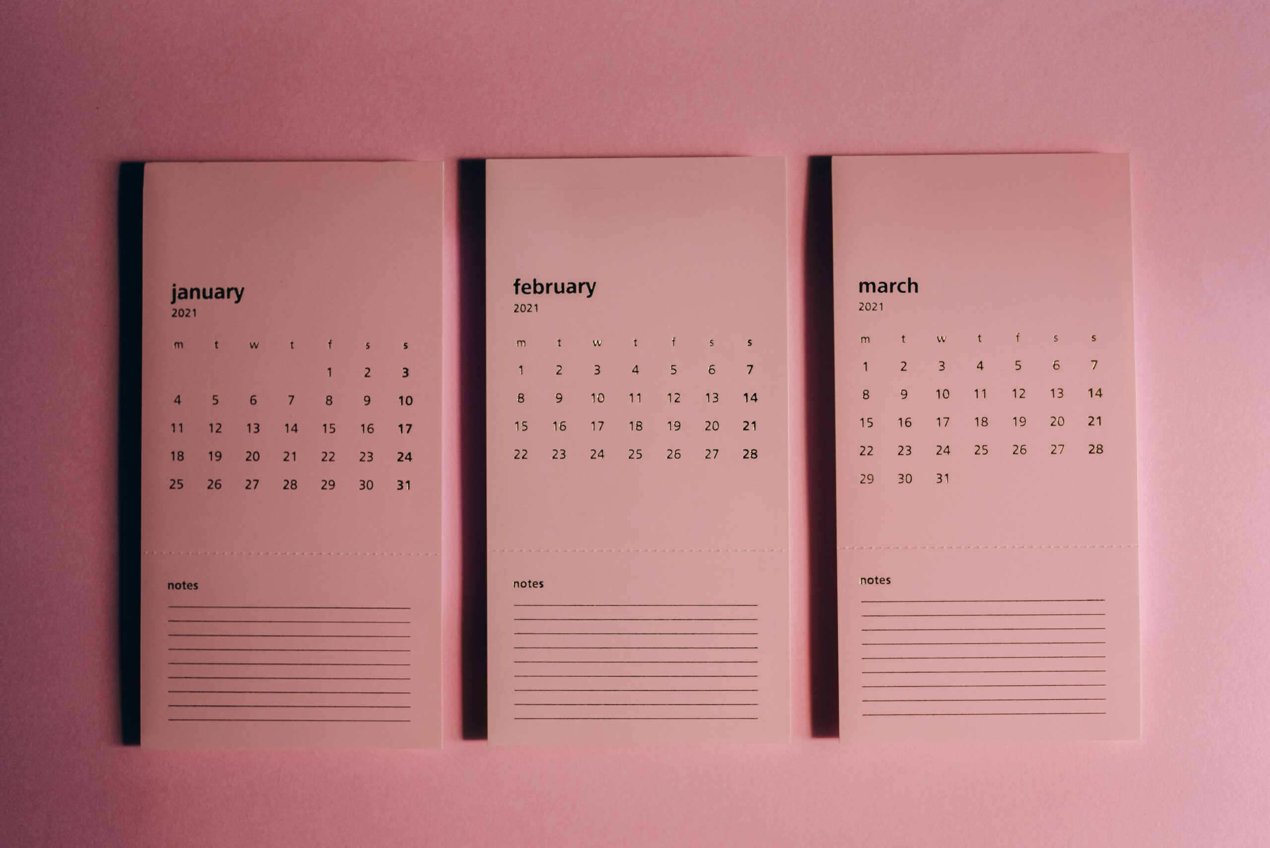 Stylish pink calendar featuring months of January, February, and March 2021 in a minimalist design.