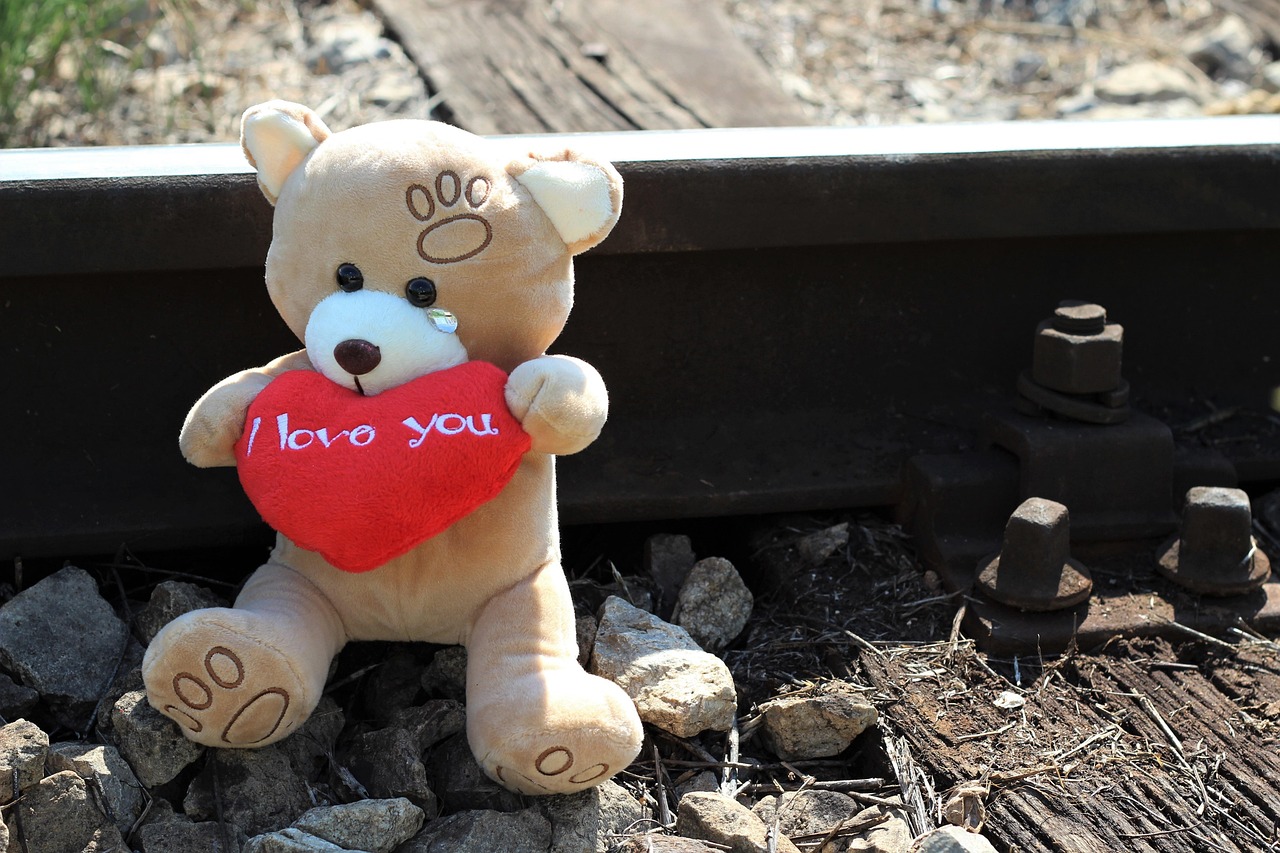 teddy bear crying, stop children suicide, tragedy, condolence, moment of silence, loving memory, missing, sorrow, sadness, railway, rail track, nature, outdoor